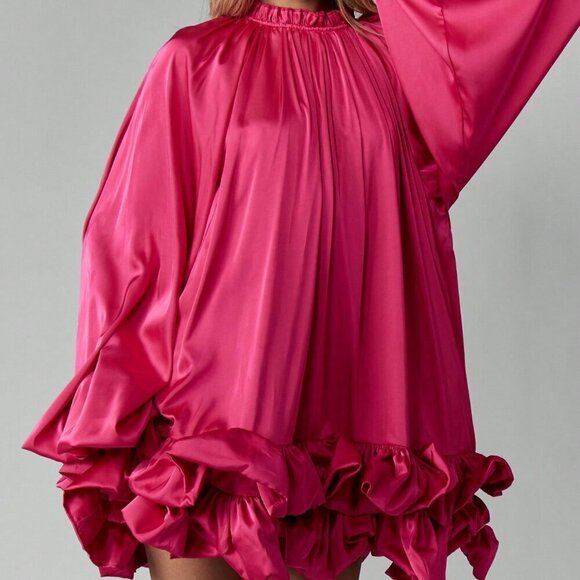 Hot Pink Party Women's Ruffle Hem High Neck Satin Elegant Mini Dress - Picture 3 of 8